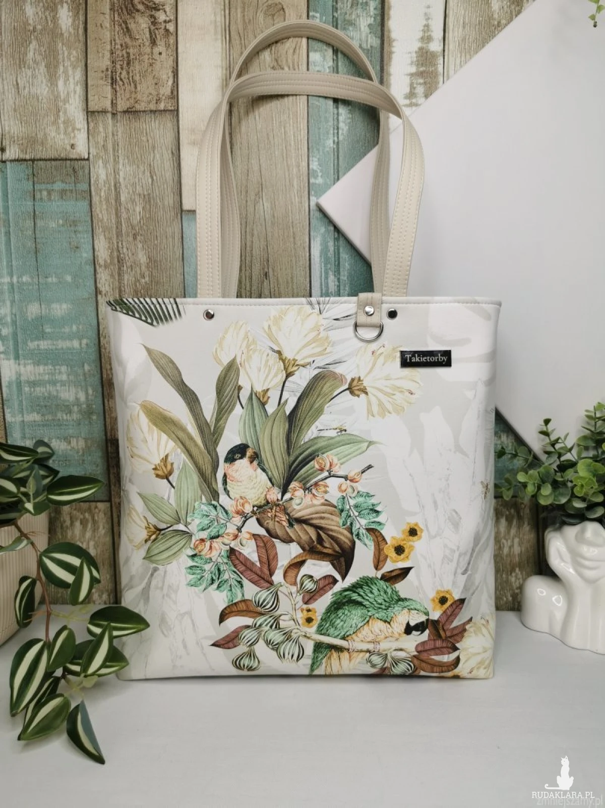 Torebka damska shopper bag torebka na ramię zamykana - ekoskóra ptaki 2