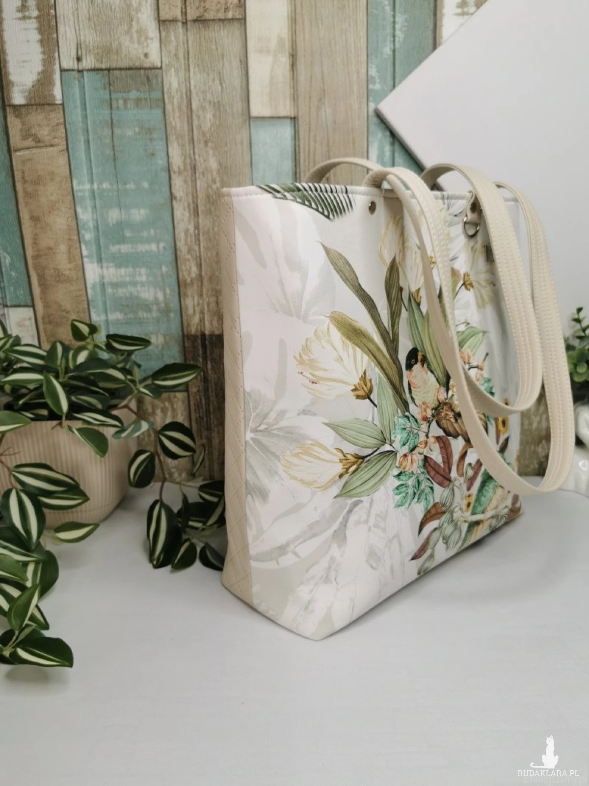 Torebka damska shopper bag torebka na ramię zamykana - ekoskóra ptaki 2