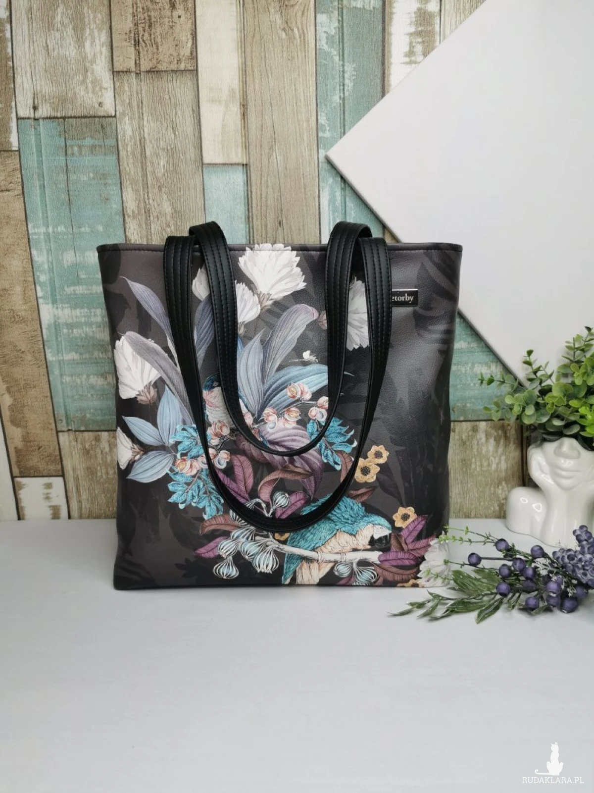 Torebka damska shopper bag torebka na ramię zamykana - ekoskóra ptaki 3