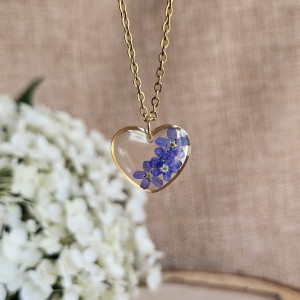 Złota zawieszka złoty wisiorek kwiat naszyjnik żywica z żywicy kwiaty serce serduszko niezapominajki niezapominajkami prawdziwe suszone kwiaty niezapominajka