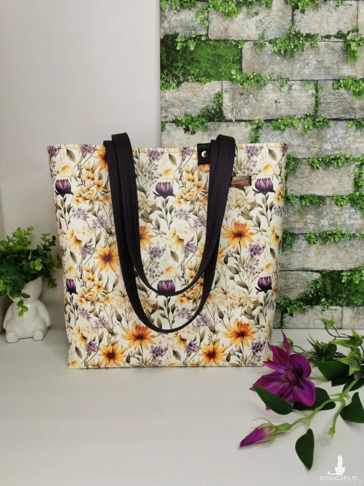 Torebka damska shopper bag torebka na ramię zamykana ekoskóra  - żółte kwiaty