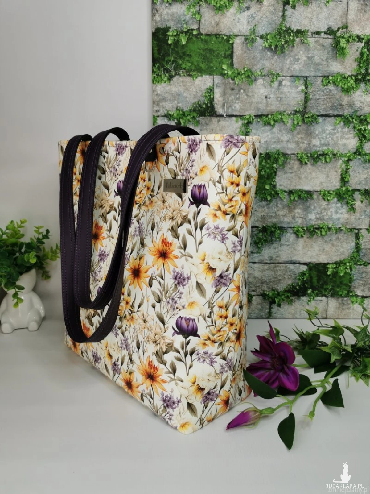 Torebka damska shopper bag torebka na ramię zamykana ekoskóra  - żółte kwiaty