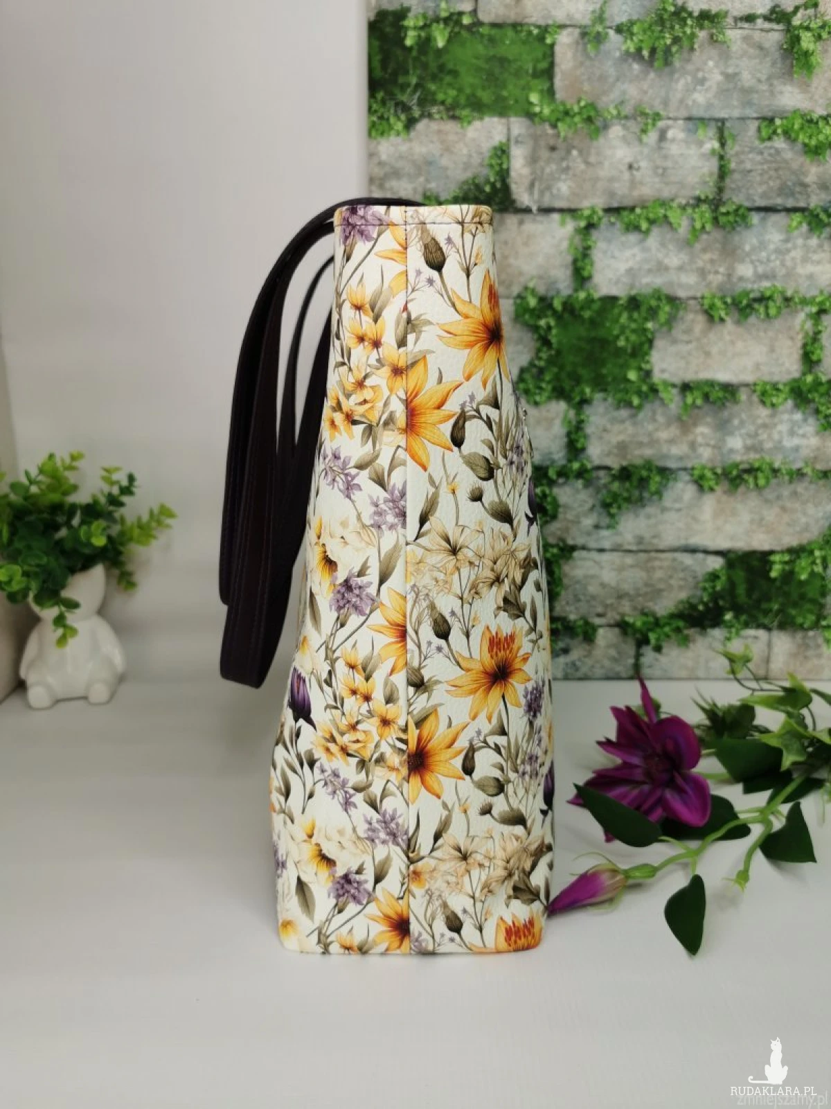 Torebka damska shopper bag torebka na ramię zamykana ekoskóra  - żółte kwiaty