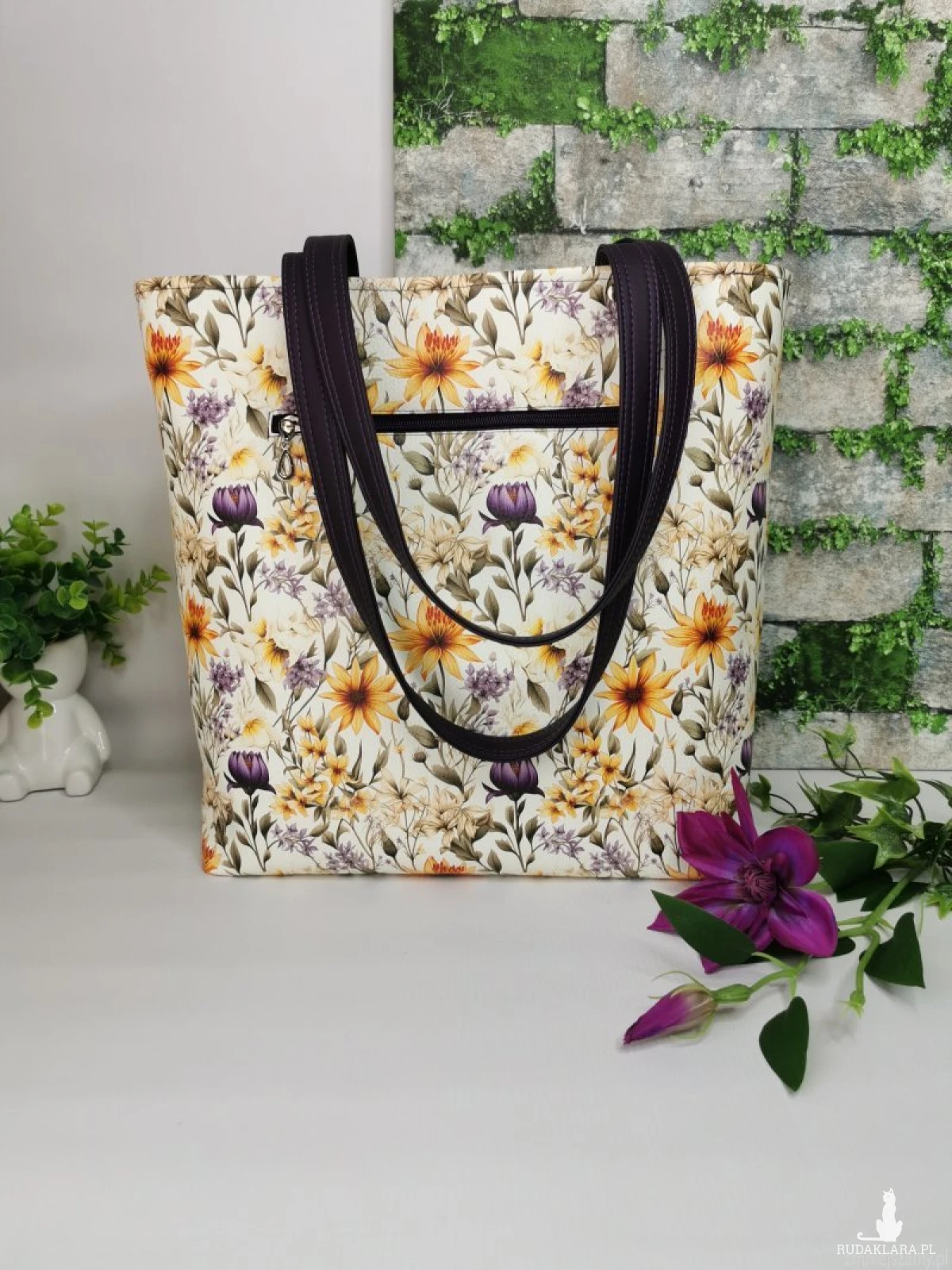Torebka damska shopper bag torebka na ramię zamykana ekoskóra  - żółte kwiaty