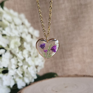 Złota zawieszka złoty wisiorek kwiat naszyjnik żywica z żywicy kwiaty serce serduszko prawdziwe suszone kwiaty fioletowe