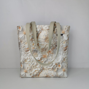 Torebka damska shopper bag torebka na ramię zamykana ekoskóra  - białe kwiaty