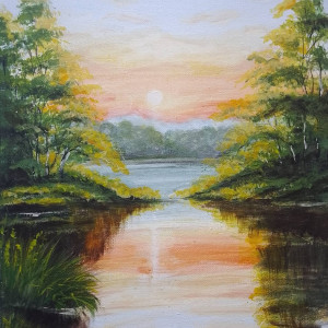 OBRAZ RĘCZNIE MALOWANY AKRYLOWY "W PORANNYM SŁOŃCU" - 30x24cm