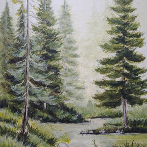 OBRAZ RĘCZNIE MALOWANY AKRYLOWY "W CIEMNYM GAJU" - 30x24cm