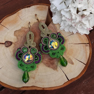 Kolczyki sutaszowe sutasz/soutache zielone fioletowe złote z kryształkami 013/25