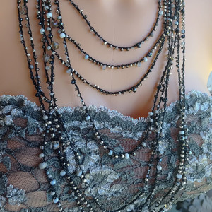 Naszyjnik Czarne Długie Korale Szare Srebrne