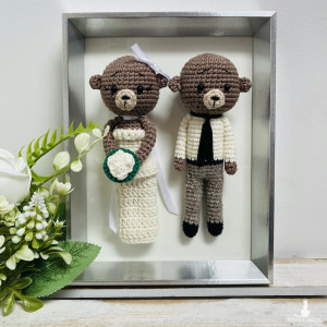 Młoda para misie w srebrnej ramce ręcznie robione prezent ślubny obraz