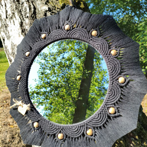 Duże makramowe lustro z mandalą w stylu Boho - kolor czarny