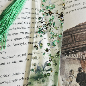 Zakładka z żywicy epoksydowej srebro brokatem gwiazdki płatki chabru s16