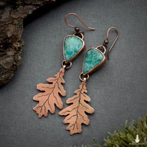 Długie kolczyki miedziane liście dębu z amazonitem PROMOCJA