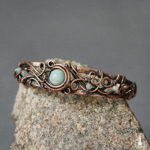 Bransoletka miedziana elficka wire wrapping z amazonitem i akwamarynem