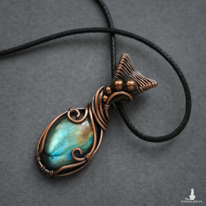 Wisiorek miedziany naszyjnik labradoryt wire wrapping