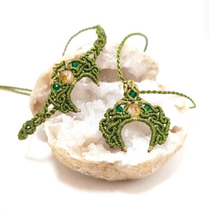 LUNULA księżyc szmaragd naturalny i cytryn w makramie komplet zielono złoty