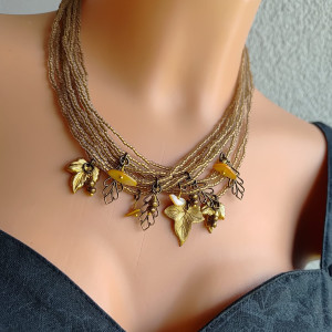 Naszyjnik Zawieszki Złote Liście Masa Perłowa