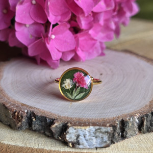 Złoty pierścionek regulowany kwiaty z kwiatami kwiatem duży zielony różowa gipsówka