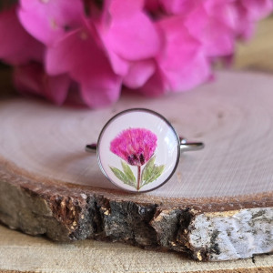 Srebrny pierścionek regulowany kwiaty z kwiatami kwiatem duży zielony różowa gipsówka