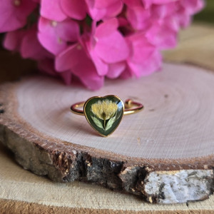 Złoty pierścionek regulowany kwiaty z kwiatami kwiatem duży czarna żółta gipsówka serce serduszko