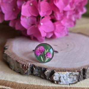 Srebrny pierścionek regulowany kwiaty z kwiatami kwiatem duży zielony różowa gipsówka