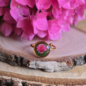 Złoty pierścionek regulowany kwiaty z kwiatami kwiatem duży różowa gipsówka zielony