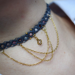 Choker Naszyjnik. Kamienie Naturalne. Mikro makrama z zawieszką