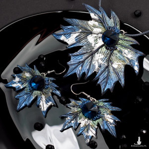 "liść klonu" komplet biżuterii w odcieniach niebieskiego, srebra i zieleni