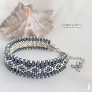 Bransoletka "gąsieniczka" hematytowo-srebrna - wykończenia ze stali chirurgicznej