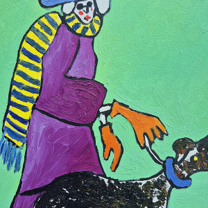 obraz ręcznie malowany babcia i piesek