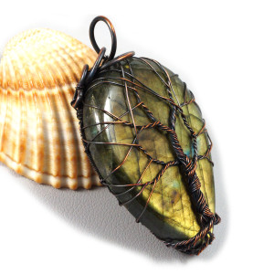 Labradoryt i Drzewko szczęścia, Miedziany wisior z labradorytem, ręcznie wykonany, prezent dla niej, prezent dla mamy, prezent urodzinowy