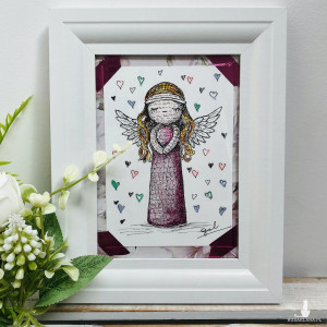 Kolorowy Anioł rysunek piórkiem w białej ramce na prezent