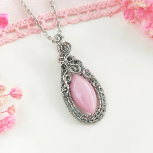 Naszyjnik Jadeit Różowy stal chirurgiczna wisiorek handmade wirewrapping