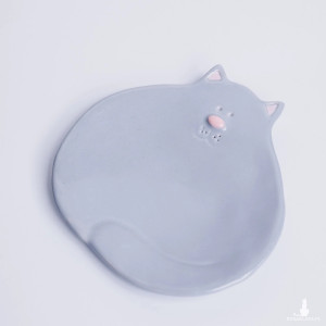 Szary talerzyk deserowy kot - Rękodzieło na prezent dla kociary - Lamabo Ceramics