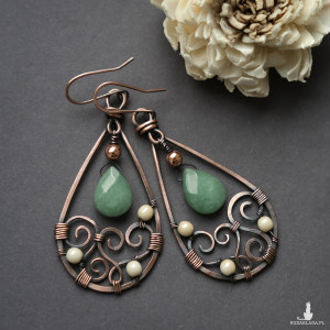 Kolczyki miedziane unikatowe wire wrapping z jadeitem i hematytem