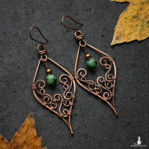 Kolczyki miedziane wire wrapping z zoisytem i hematytem