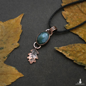 Jesienny wisiorek miedziany naszyjnik z listkiem agat indyjski