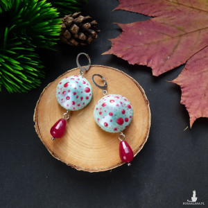 Kolczyki „Miętowe muchomorki z malinową kroplą jadeitu”