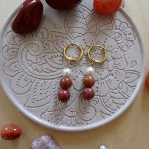 Kolczyki z kamieni Jaspis czerwony Perła seashell