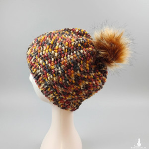 6901 Ciepła Czapka Multikolor Melanżowa z Pomponem - Styl Beanie, ręcznie robiona, brązowa czapka z pomponem