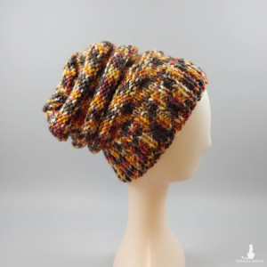 6902 Czapka Beanie z Melanżowej Włóczki - ciepła, brązowa, cieniowana efektowna, ręcznie robiona czapka