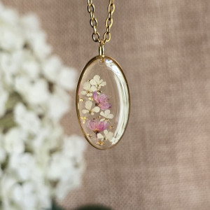 Złota zawieszka złoty wisiorek naszyjnik żywica z żywicy kwiaty z kwiatami jajowata retro naturalna delikatna dziewczęca kobieca kolorowa różowa