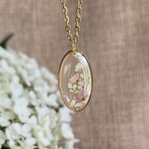 Złota zawieszka złoty wisiorek naszyjnik żywica z żywicy kwiaty z kwiatami jajowata retro naturalna delikatna dziewczęca kobieca kolorowa różowa