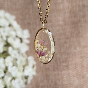 Złota zawieszka złoty wisiorek naszyjnik żywica z żywicy kwiaty z kwiatami jajowata retro naturalna delikatna dziewczęca kobieca kolorowa różowa