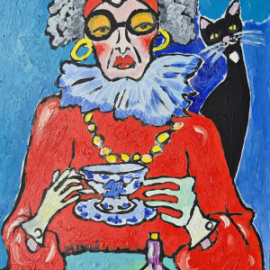 obraz ręcznie malowany popołudniowa herbatka z kotem