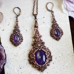 Wiktoriański miedziany zestaw - kolczyki i wisiorek z ametystem #2
