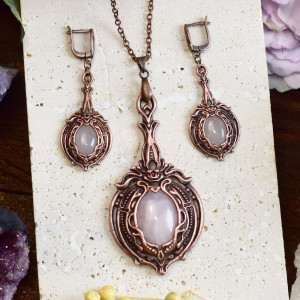 Wiktoriański miedziany zestaw - kolczyki i wisiorek z różowym kwarcem #S5