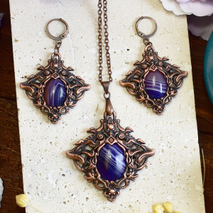 Wiktoriański miedziany zestaw - kolczyki i wisiorek z fioletowym agatem #S6