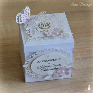 Zaproszenie na Pierwszą Komunię Świętą Exploding Box Pudrowy róż